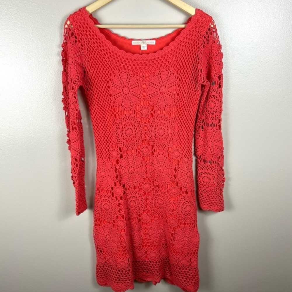 Boston Proper Coral Crochet Long Sleeve Dress